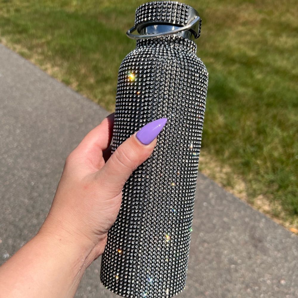 Black Rhinestone Water Bottle with Detachable Silver Chain